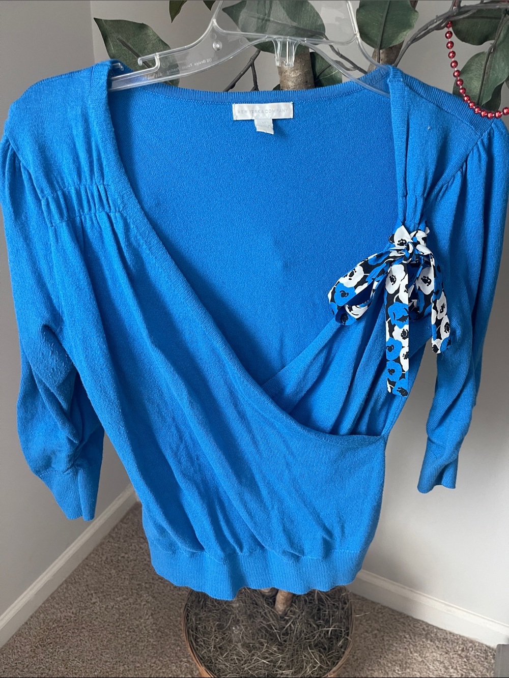 New York & Company Bright Blue Faux Wrap Cardigan with Floral Tie Accent
